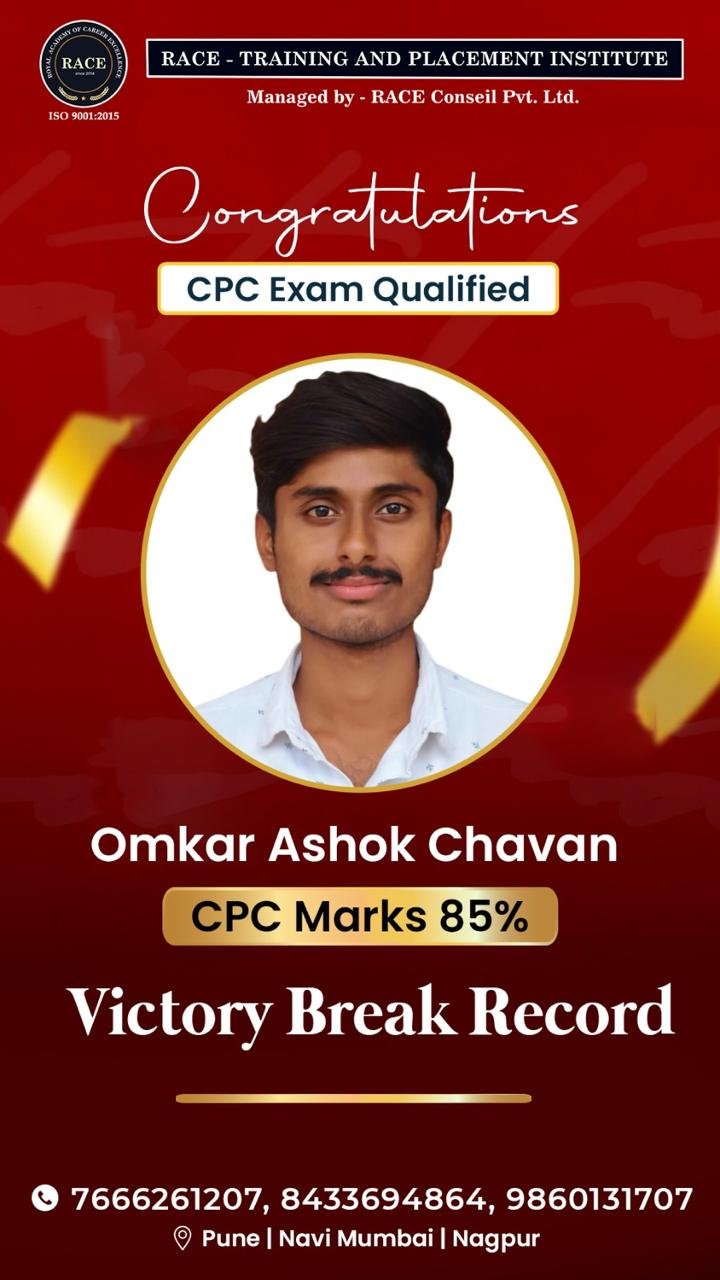 Omkar Ashok Chavan – RACE CPC exam qualified student with 85% marks