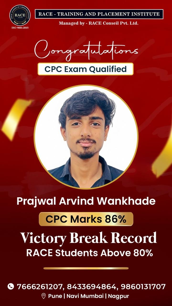Prajwal Arvind Wankhade – RACE CPC exam qualified student with 86% marks