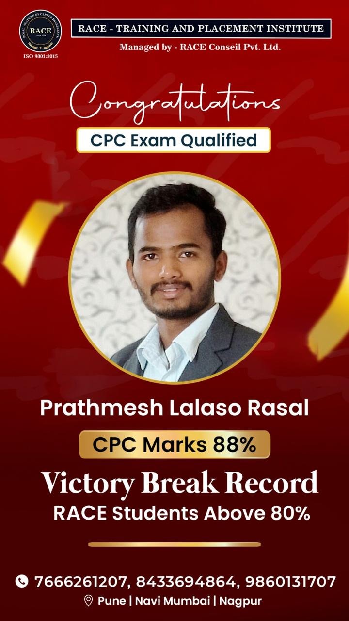 Prathmesh Lalaso Rasal – RACE CPC exam qualified student with 88% marks