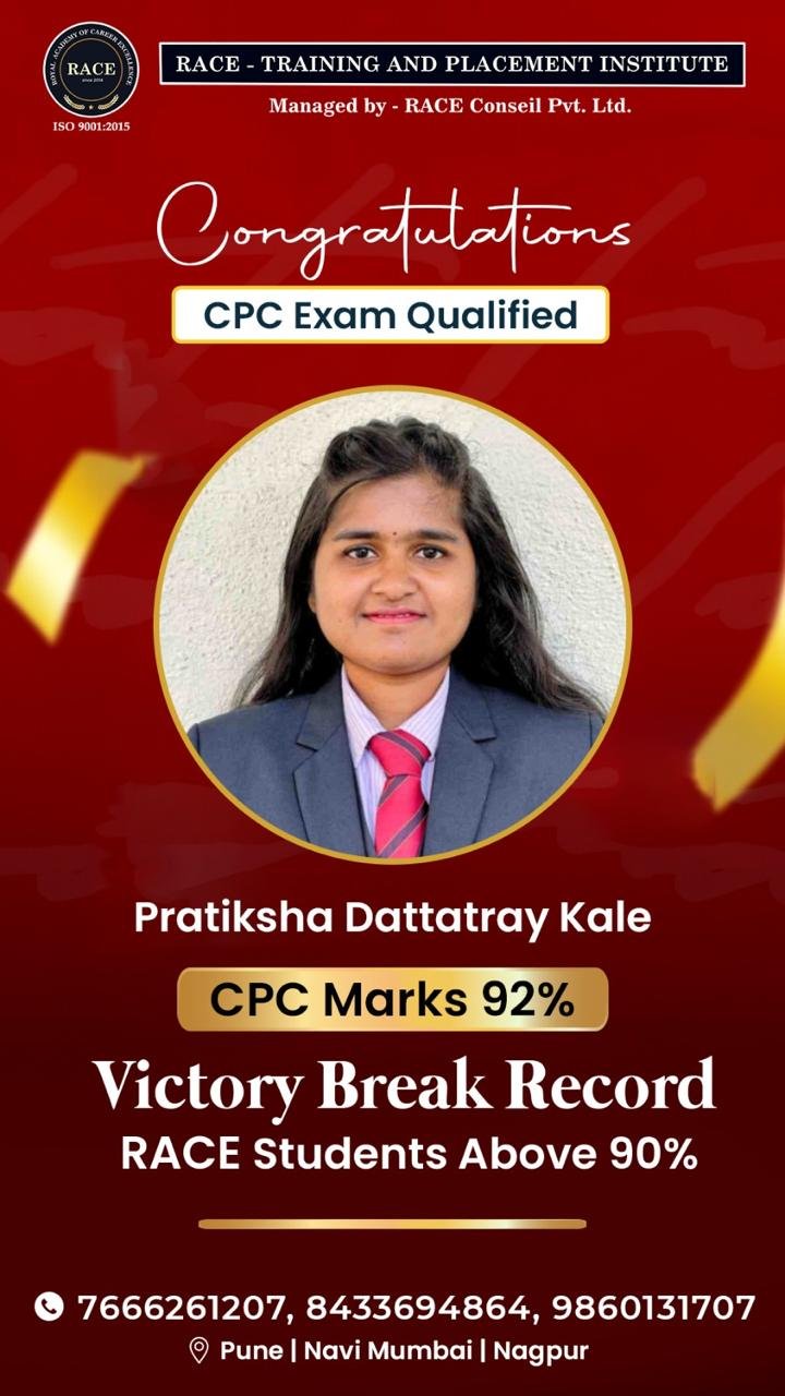 Pratiksha Dattatray Kale – RACE CPC exam qualified student with 92% marks