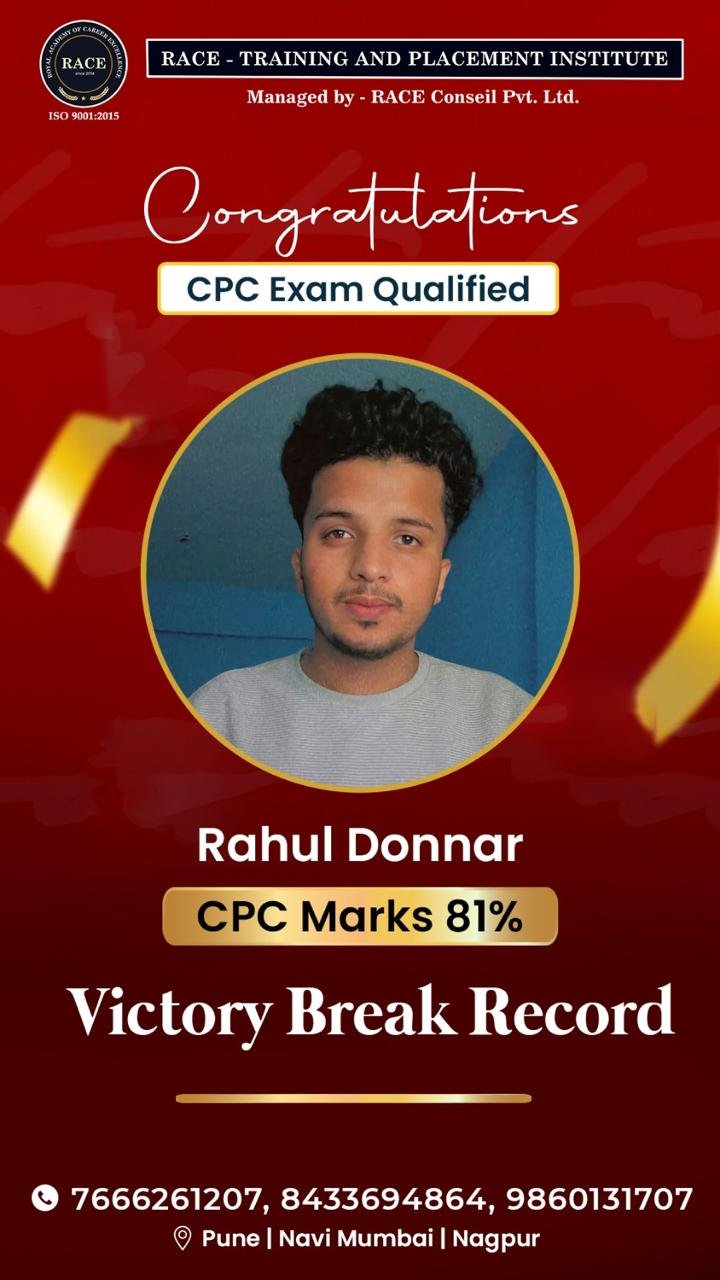 Rahul Donnar – RACE CPC exam qualified student with 81% marks