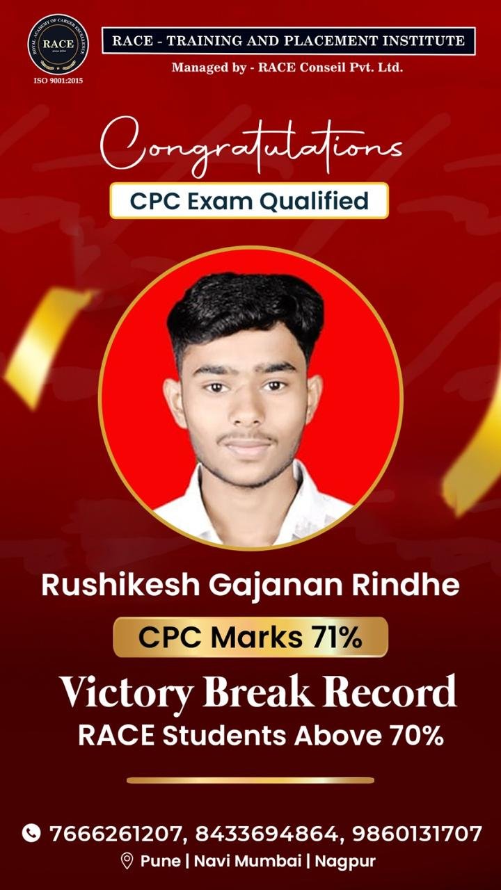 Rushikesh Gajanan Rindhe – RACE CPC exam qualified student with 71% marks