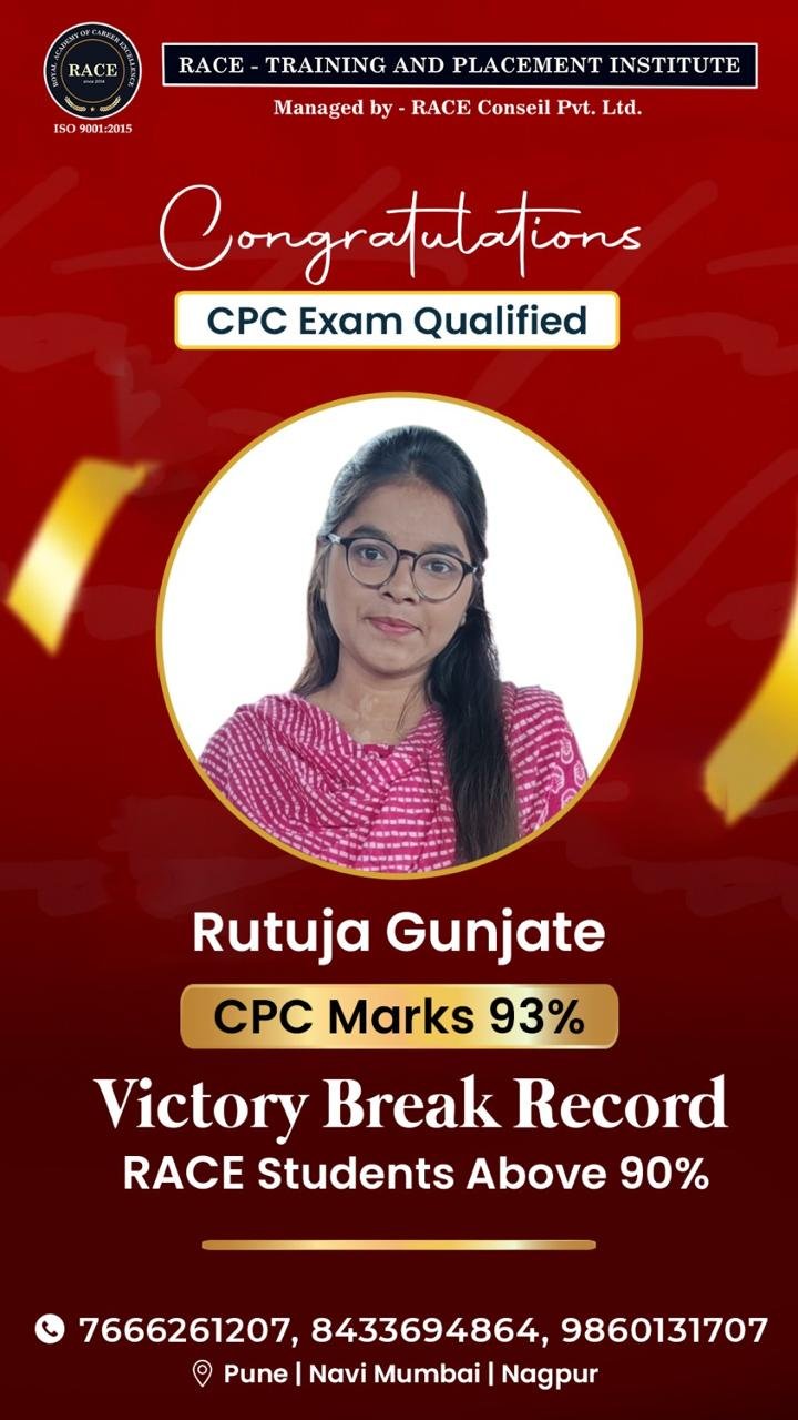 Rutuja Gunjate – RACE CPC exam qualified student with 93% marks