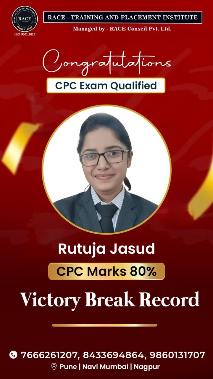 Rutuja Jasud – RACE CPC exam qualified student with 80% marks