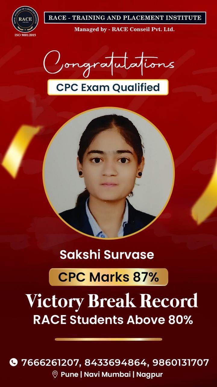 Sakshi Survase – RACE CPC exam qualified student with 87% marks