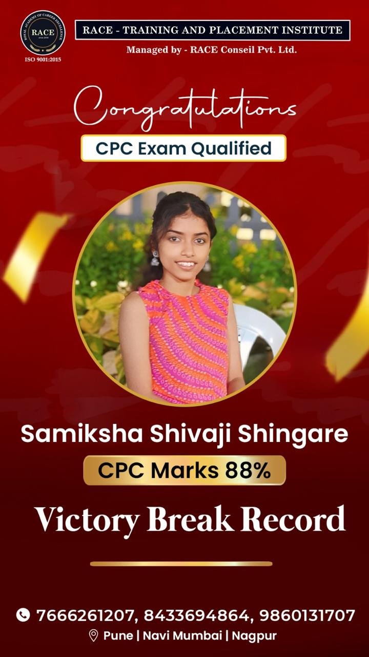 Samiksha Shivaji Shingare – RACE CPC exam qualified student with 88% marks