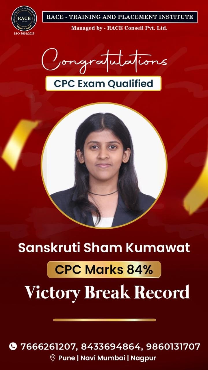 Sanskruti Sham Kumawat – RACE CPC exam qualified student with 84% marks