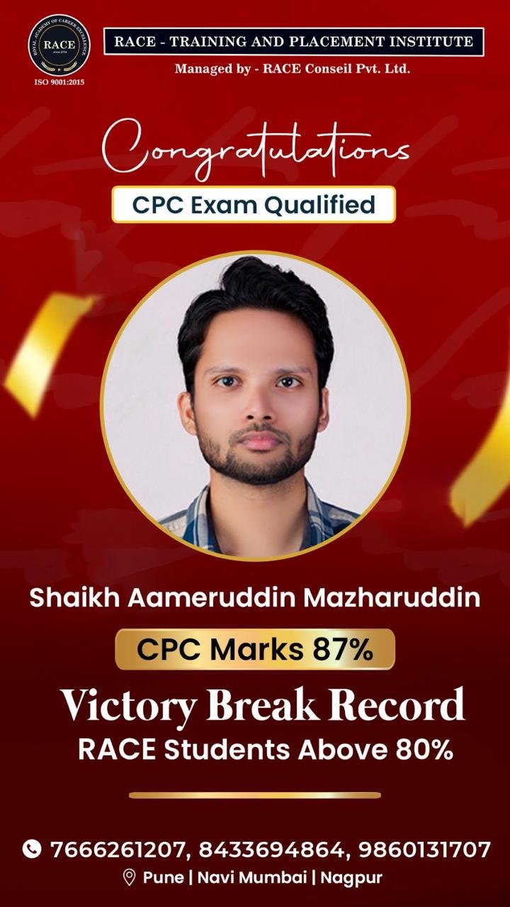 Shaikh Aameruddin Mazharuddin – RACE CPC exam qualified student with 87% marks