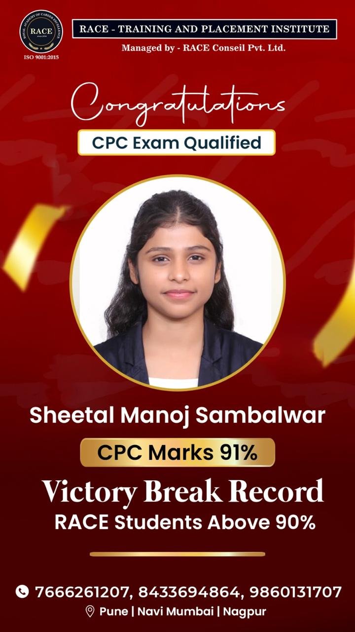 Sheetal Manoj Sambalwar – RACE CPC exam qualified student with 91% marks
