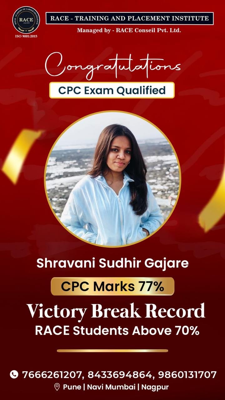 Shravani Sudhir Gajare – RACE CPC exam qualified student with 77% marks