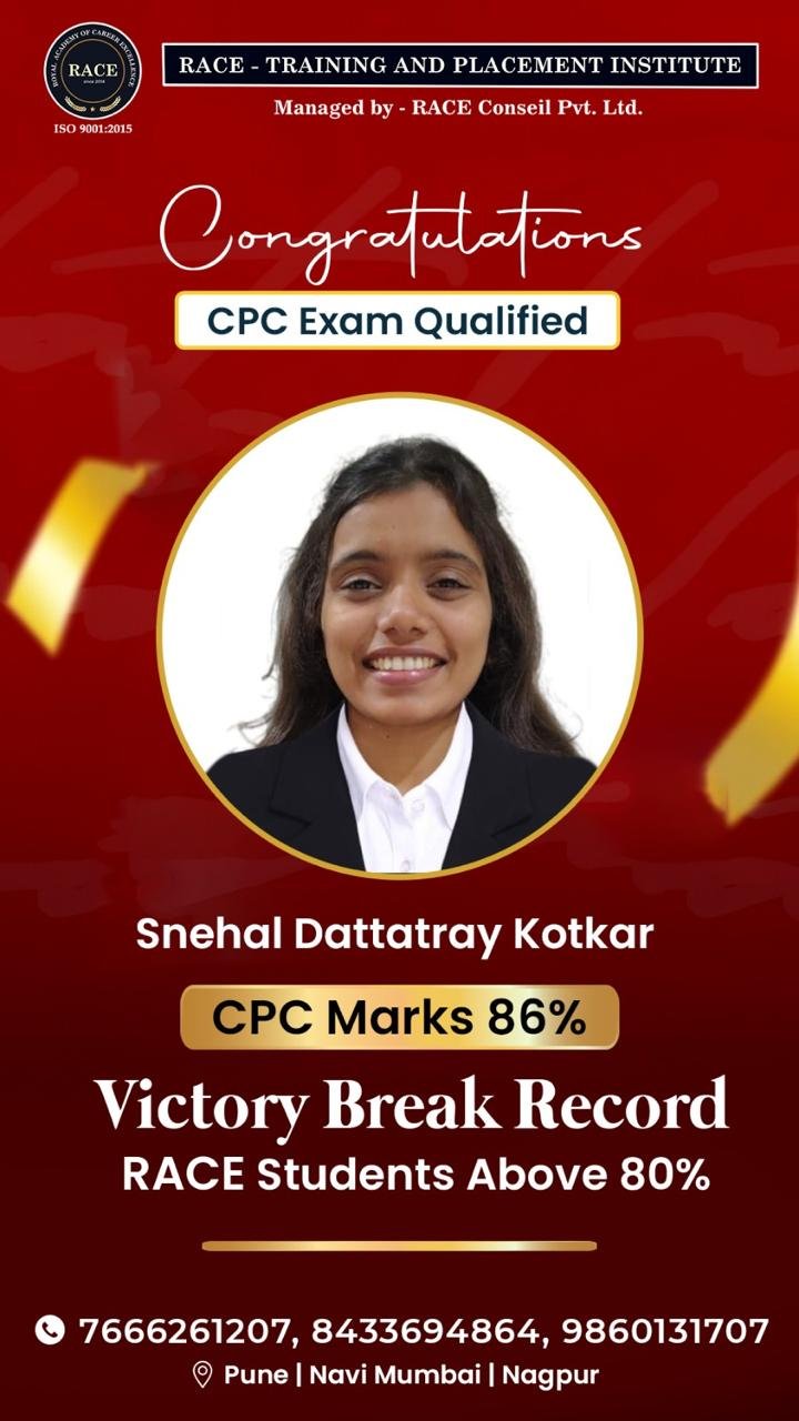 Snehal Dattatray Kotkar – RACE CPC exam qualified student with 86% marks