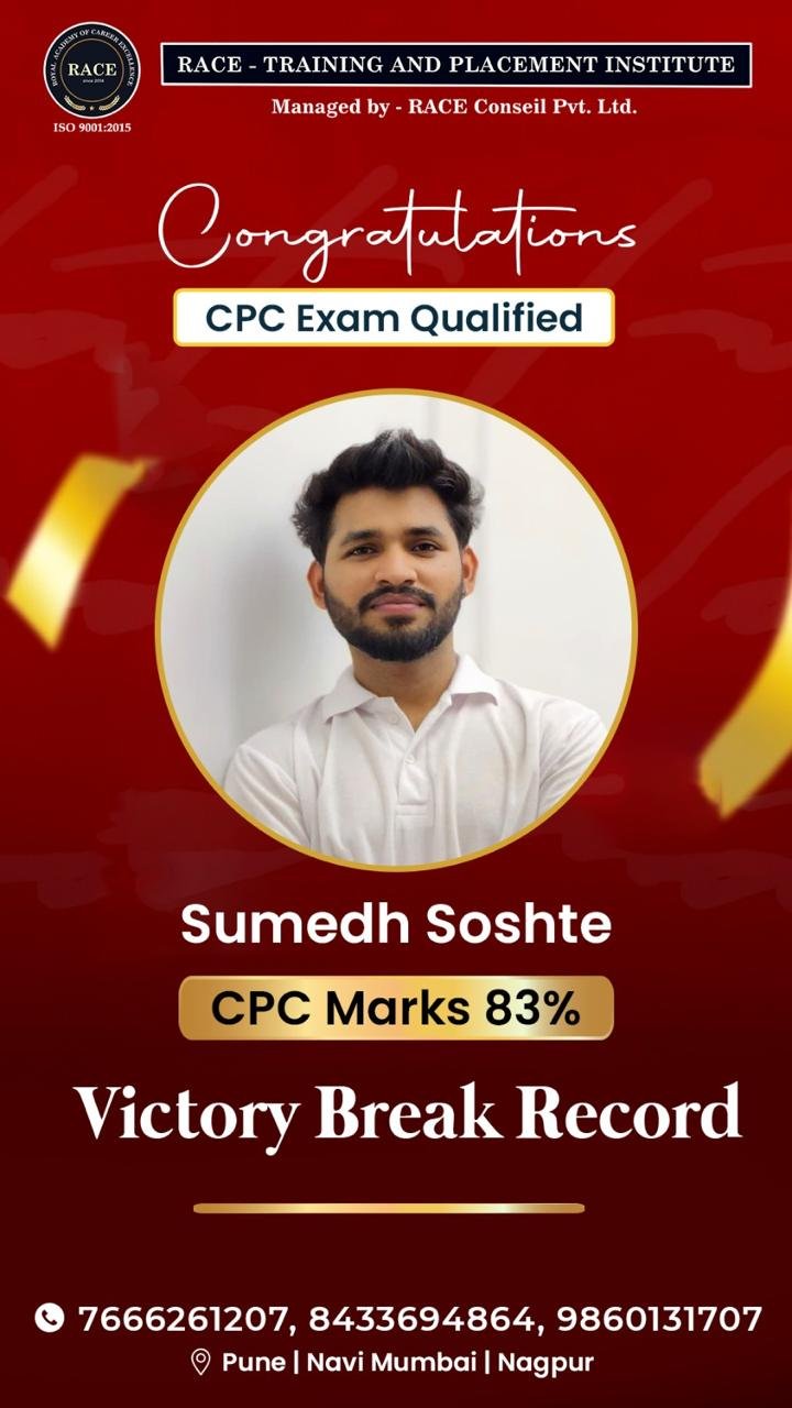 Sumedh Soshte – RACE CPC exam qualified student with 83% marks