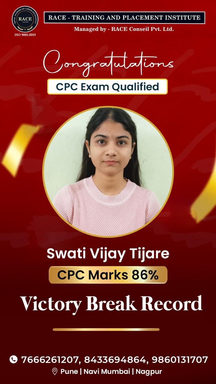 Swati Vijay Tijare – RACE CPC exam qualified student with 86% marks