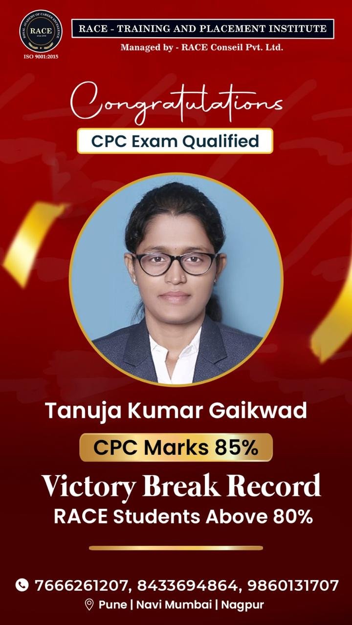 Tanuja Kumar Gaikwad – RACE CPC exam qualified student with 85% marks