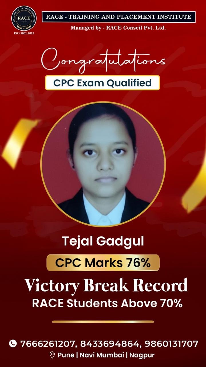 Tejal Gadgul – RACE CPC exam qualified student with 76% marks