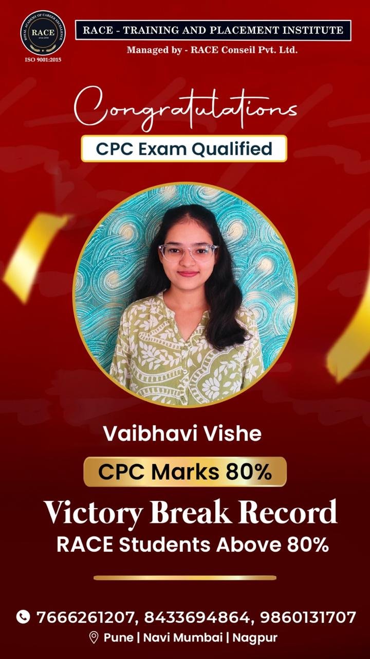 Vaibhavi Vishe – RACE CPC exam qualified student with 80% marks