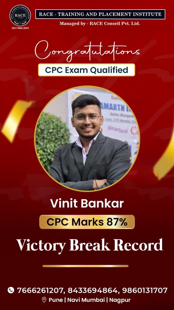 Vinit Bankar – RACE CPC exam qualified student with 87% marks