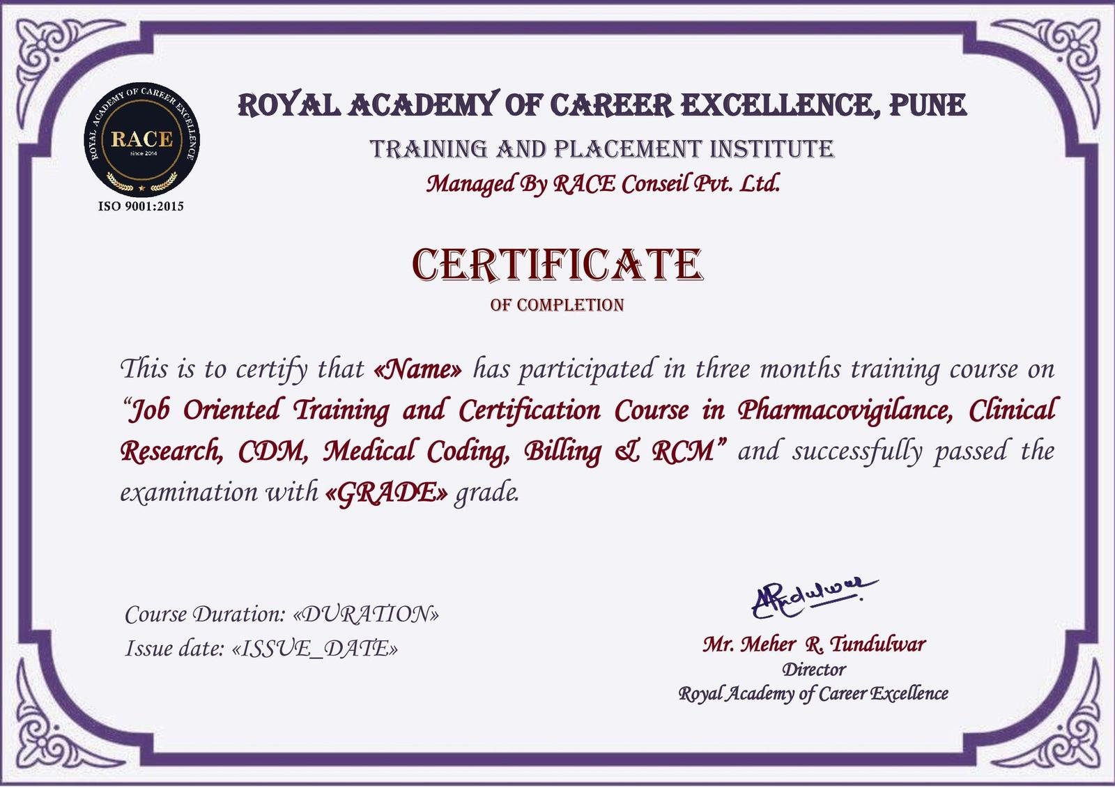 RACE job-oriented medical coding training certificate sample